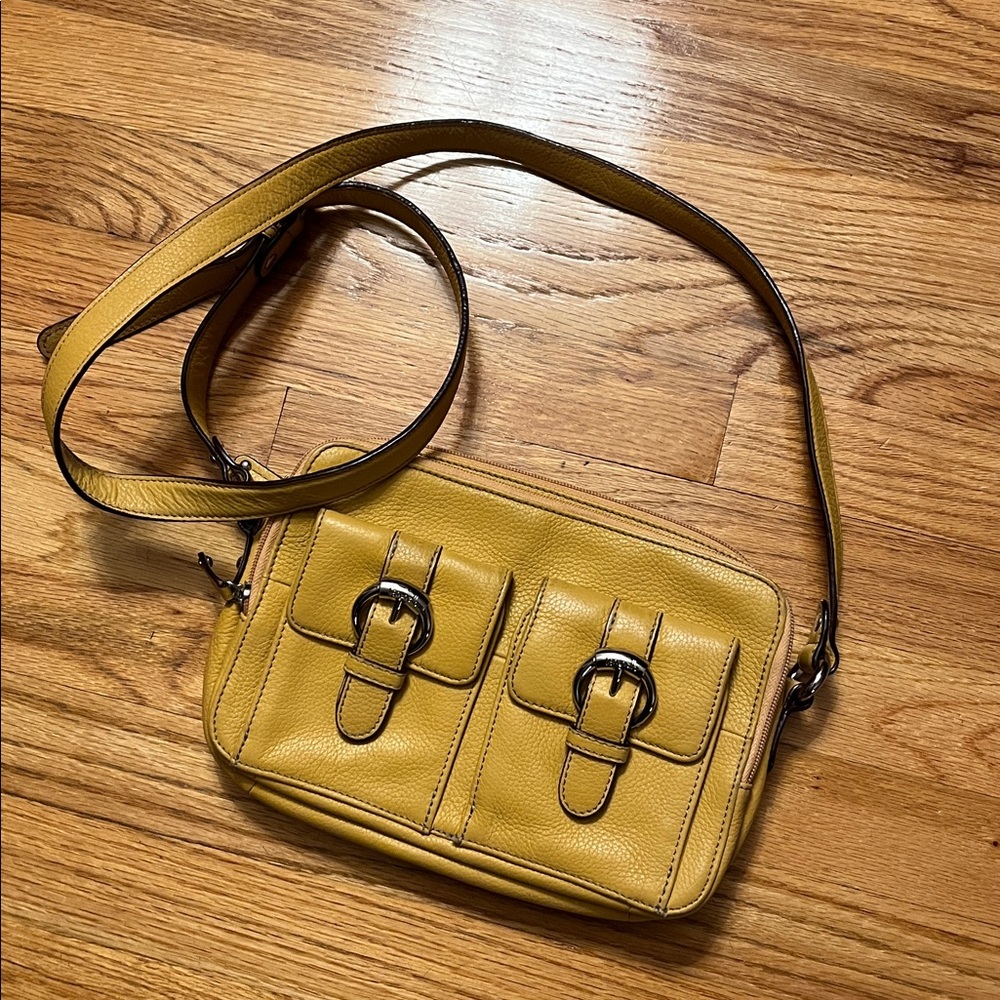 Tignanello mustard yellow cross body leather purse- lots of pockets
